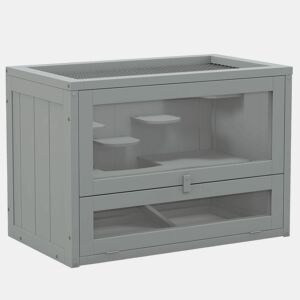 PawHut Gaiola de Madeira para Hamsters Gaiola para Roedores Gaiola para Pequenos Animais com 2 Níveis Plataforma Rampa 60x35x42 cm Cinza