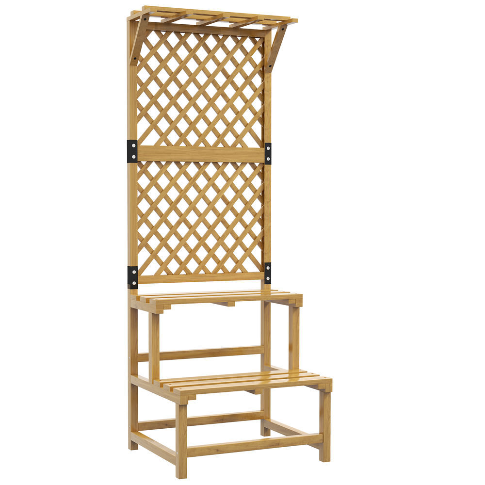Outsunny soporte para plantas de madera estantería para plantas de 2 niveles soporte para macetas exterior con enrejado para jardín patio terraza 60x50x166 cm natural