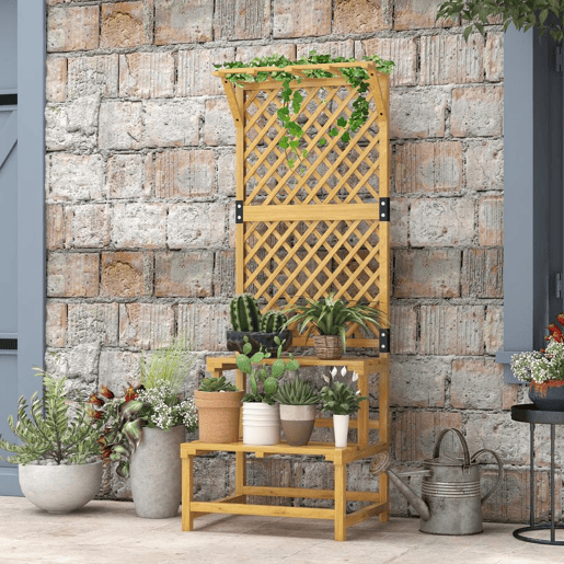 Outsunny Suporte para Plantas de Madeira com Treliça Suporte para Vasos de 2 Níveis para Jardim Pátio Terraço Varanda 60x50x166 cm Madeira
