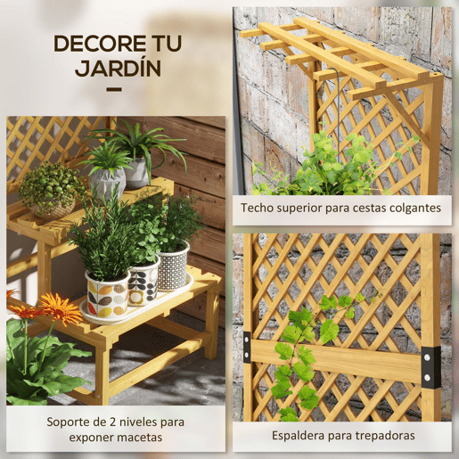 Outsunny Suporte para Plantas de Madeira com Treliça Suporte para Vasos de 2 Níveis para Jardim Pátio Terraço Varanda 60x50x166 cm Madeira