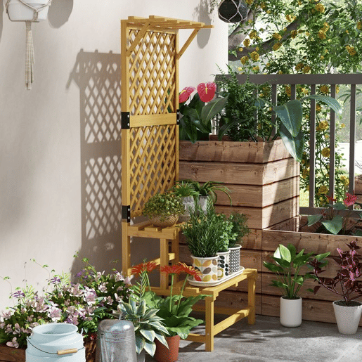 Outsunny Suporte para Plantas de Madeira com Treliça Suporte para Vasos de 2 Níveis para Jardim Pátio Terraço Varanda 60x50x166 cm Madeira