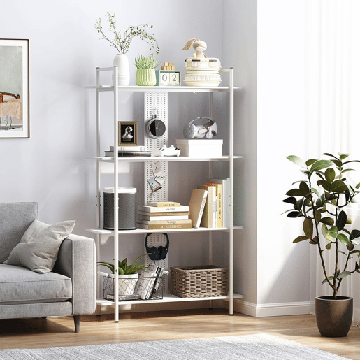 HOMCOM Estante de 4 Níveis Estante para Livros com Painel Perfurado e Estrutura Metálica Estante para Sala de Estar Estúdio Dormitório Escritório 100x35x160,5 cm Branco