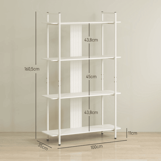 HOMCOM Estante de 4 Níveis Estante para Livros com Painel Perfurado e Estrutura Metálica Estante para Sala de Estar Estúdio Dormitório Escritório 100x35x160,5 cm Branco