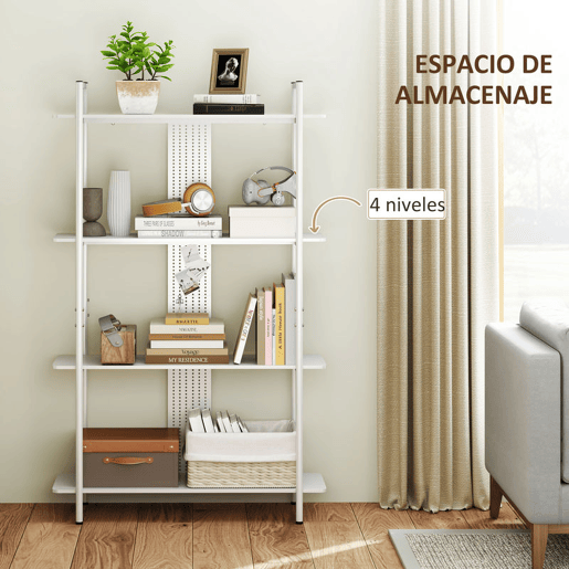 HOMCOM Estante de 4 Níveis Estante para Livros com Painel Perfurado e Estrutura Metálica Estante para Sala de Estar Estúdio Dormitório Escritório 100x35x160,5 cm Branco