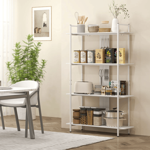 HOMCOM Estante de 4 Níveis Estante para Livros com Painel Perfurado e Estrutura Metálica Estante para Sala de Estar Estúdio Dormitório Escritório 100x35x160,5 cm Branco