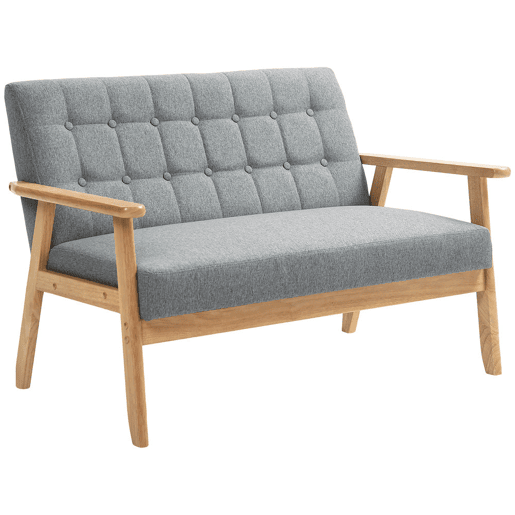 HOMCOM Sofá 2 Lugares Sofá Estofado em Linho com Apoio para os Braços de Madeira Encosto Acolchoado Carga 250 kg Poltrona para Sala de Estar Dormitório 114x75x76 cm Cinza Claro