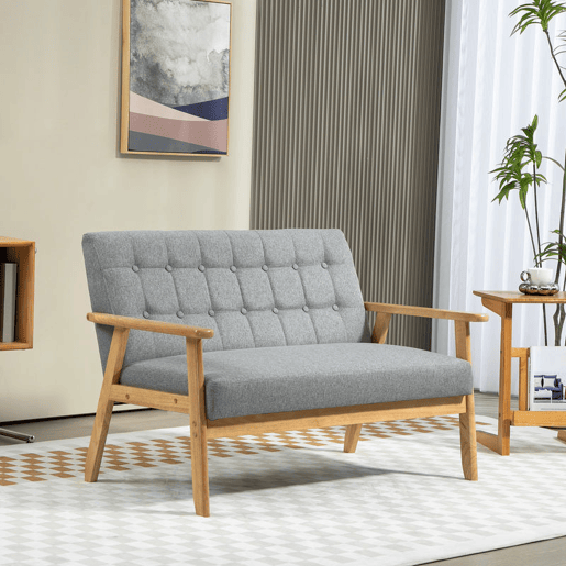 HOMCOM Sofá 2 Lugares Sofá Estofado em Linho com Apoio para os Braços de Madeira Encosto Acolchoado Carga 250 kg Poltrona para Sala de Estar Dormitório 114x75x76 cm Cinza Claro