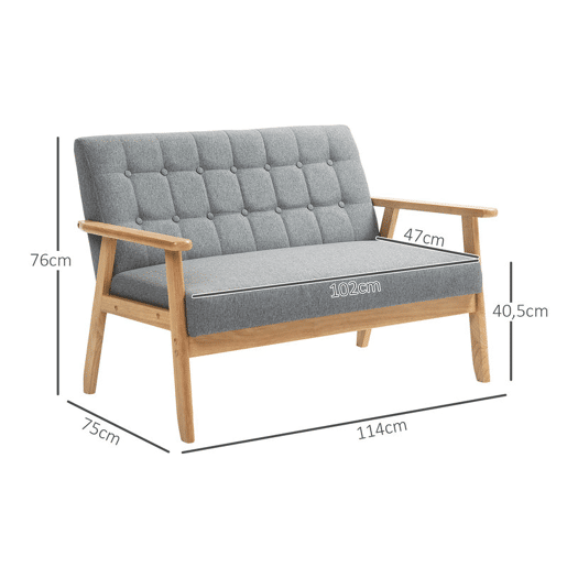 HOMCOM Sofá 2 Lugares Sofá Estofado em Linho com Apoio para os Braços de Madeira Encosto Acolchoado Carga 250 kg Poltrona para Sala de Estar Dormitório 114x75x76 cm Cinza Claro
