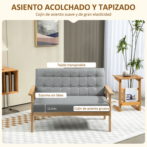 HOMCOM Sofá 2 Lugares Sofá Estofado em Linho com Apoio para os Braços de Madeira Encosto Acolchoado Carga 250 kg Poltrona para Sala de Estar Dormitório 114x75x76 cm Cinza Claro