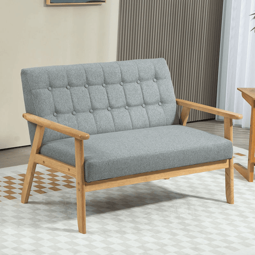 HOMCOM Sofá 2 Lugares Sofá Estofado em Linho com Apoio para os Braços de Madeira Encosto Acolchoado Carga 250 kg Poltrona para Sala de Estar Dormitório 114x75x76 cm Cinza Claro
