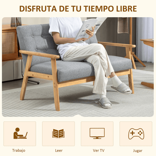 HOMCOM Sofá 2 Lugares Sofá Estofado em Linho com Apoio para os Braços de Madeira Encosto Acolchoado Carga 250 kg Poltrona para Sala de Estar Dormitório 114x75x76 cm Cinza Claro