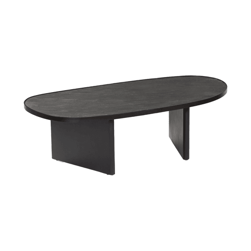 Mesa de centro oval de madeira de mangueira e lâmina de pedra, Shiva, Preto, 119.5x60x35 cm