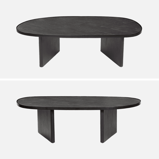 Mesa de centro oval de madeira de mangueira e lâmina de pedra, Shiva, Preto, 119.5x60x35 cm