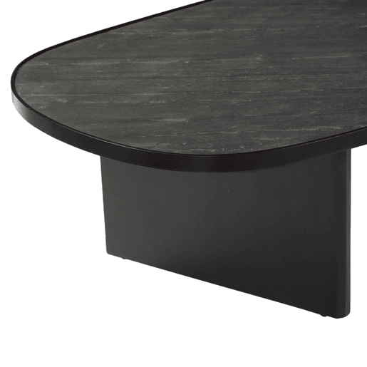 Mesa de centro oval de madeira de mangueira e lâmina de pedra, Shiva, Preto, 119.5x60x35 cm