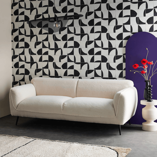 Sofá em tecido boucle com pernas metálicas de 3 lugares, Soft boucle, Creme, 205x82.3x76.3 cm