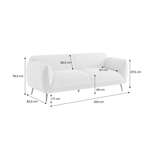 Sofá em tecido boucle com pernas metálicas de 3 lugares, Soft boucle, Creme, 205x82.3x76.3 cm