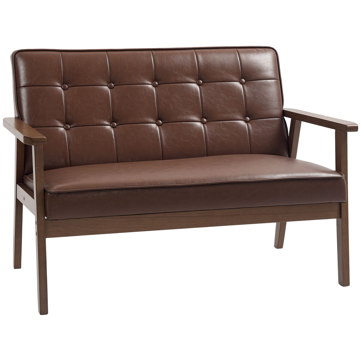 Homcom sofá de 2 plazas tapizado en pu sofá de salón con reposabrazos de madera respaldo acolchado carga 250 kg sofá pequeño para dormitorio marrón