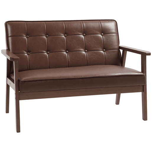 HOMCOM Sofá de 2 Lugares Sofá de 2 Lugares Estofado em Couro PU com Apoio para os Braços de Madeira Encosto Acolchoado Carga 250 kg para Sala de Estar Dormitório 115x70x81 cm Marrom