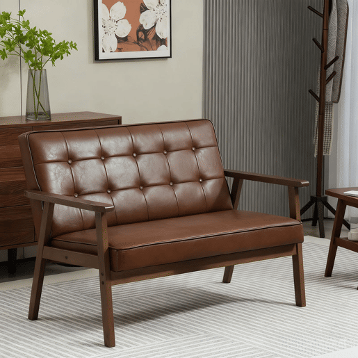 HOMCOM Sofá de 2 Lugares Sofá de 2 Lugares Estofado em Couro PU com Apoio para os Braços de Madeira Encosto Acolchoado Carga 250 kg para Sala de Estar Dormitório 115x70x81 cm Marrom