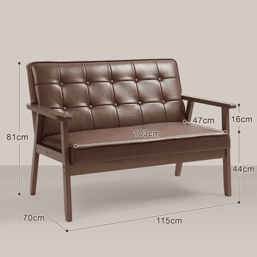 HOMCOM Sofá de 2 Lugares Sofá de 2 Lugares Estofado em Couro PU com Apoio para os Braços de Madeira Encosto Acolchoado Carga 250 kg para Sala de Estar Dormitório 115x70x81 cm Marrom