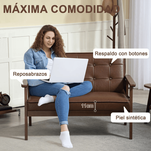 HOMCOM Sofá de 2 Lugares Sofá de 2 Lugares Estofado em Couro PU com Apoio para os Braços de Madeira Encosto Acolchoado Carga 250 kg para Sala de Estar Dormitório 115x70x81 cm Marrom