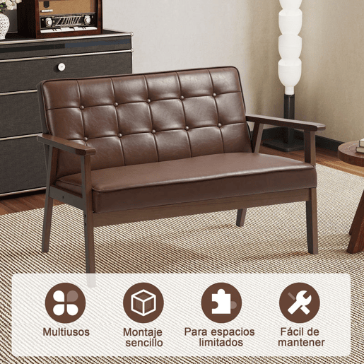 HOMCOM Sofá de 2 Lugares Sofá de 2 Lugares Estofado em Couro PU com Apoio para os Braços de Madeira Encosto Acolchoado Carga 250 kg para Sala de Estar Dormitório 115x70x81 cm Marrom
