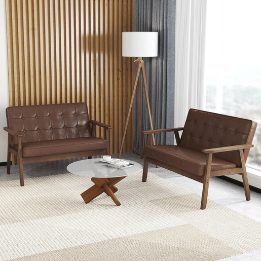 HOMCOM Sofá de 2 Lugares Sofá de 2 Lugares Estofado em Couro PU com Apoio para os Braços de Madeira Encosto Acolchoado Carga 250 kg para Sala de Estar Dormitório 115x70x81 cm Marrom