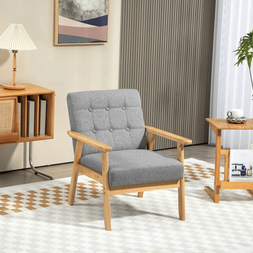HOMCOM Poltrona Sala de Estar Estofada em Linho Poltrona com Apoio para os Braços e Estrutura de Madeira de Borracha Poltrona para Dormitório Sala de Estar Carga 130 kg 64x75x76 cm Cinza Claro