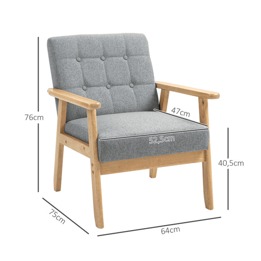 HOMCOM Poltrona Sala de Estar Estofada em Linho Poltrona com Apoio para os Braços e Estrutura de Madeira de Borracha Poltrona para Dormitório Sala de Estar Carga 130 kg 64x75x76 cm Cinza Claro