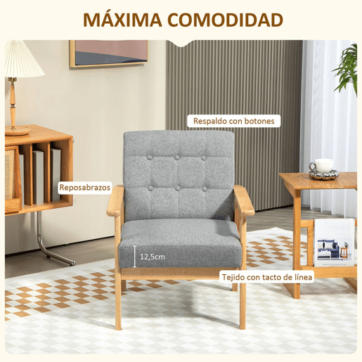HOMCOM Poltrona Sala de Estar Estofada em Linho Poltrona com Apoio para os Braços e Estrutura de Madeira de Borracha Poltrona para Dormitório Sala de Estar Carga 130 kg 64x75x76 cm Cinza Claro
