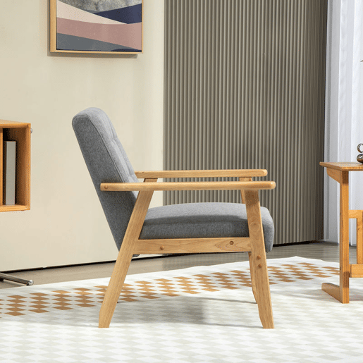 HOMCOM Poltrona Sala de Estar Estofada em Linho Poltrona com Apoio para os Braços e Estrutura de Madeira de Borracha Poltrona para Dormitório Sala de Estar Carga 130 kg 64x75x76 cm Cinza Claro