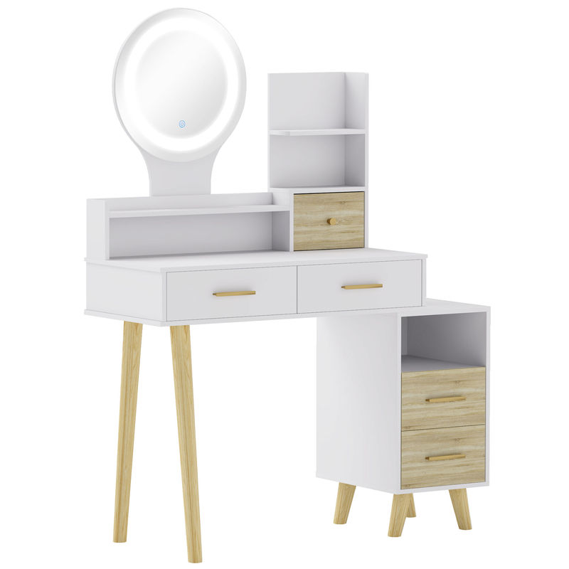 Homcom tocador de maquillaje con espejo y luces led mesa de maquillaje con iluminación ajustable 5 cajones y 4 compartimentos tocador para dormitorio salón blanco