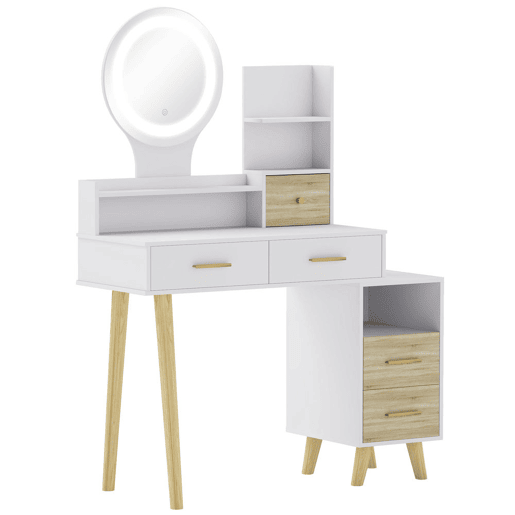 HOMCOM Toucador com Espelho e Luzes LED Ajustáveis Mesa de Maquilhagem Moderna com 5 Gavetas 4 Compartimentos e 1 Prateleira 100x44x137 cm Branco e Madeira
