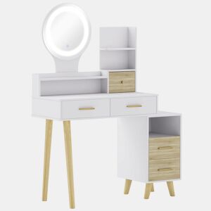 HOMCOM Toucador com Espelho e Luzes LED Ajustáveis Mesa de Maquilhagem Moderna com 5 Gavetas 4 Compartimentos e 1 Prateleira 100x44x137 cm Branco e Madeira