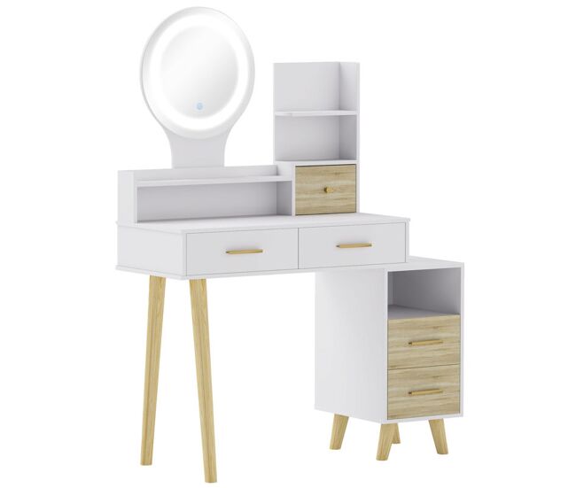 Homcom tocador de maquillaje con espejo y luces led mesa de maquillaje con iluminación ajustable 5 cajones y 4 compartimentos tocador para dormitorio salón blanco