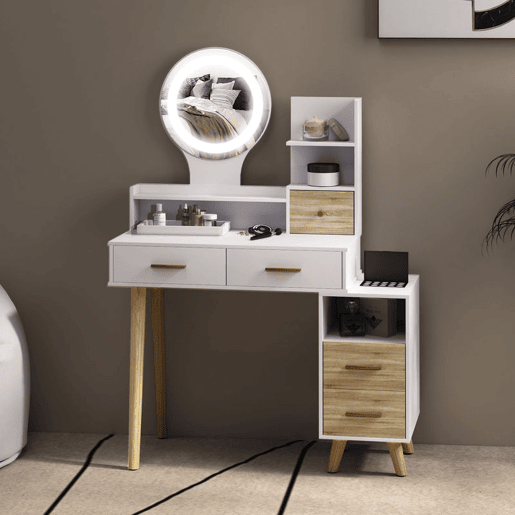 HOMCOM Toucador com Espelho e Luzes LED Ajustáveis Mesa de Maquilhagem Moderna com 5 Gavetas 4 Compartimentos e 1 Prateleira 100x44x137 cm Branco e Madeira