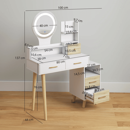 HOMCOM Toucador com Espelho e Luzes LED Ajustáveis Mesa de Maquilhagem Moderna com 5 Gavetas 4 Compartimentos e 1 Prateleira 100x44x137 cm Branco e Madeira