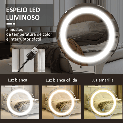 HOMCOM Toucador com Espelho e Luzes LED Ajustáveis Mesa de Maquilhagem Moderna com 5 Gavetas 4 Compartimentos e 1 Prateleira 100x44x137 cm Branco e Madeira