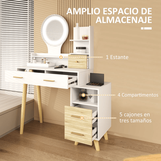 HOMCOM Toucador com Espelho e Luzes LED Ajustáveis Mesa de Maquilhagem Moderna com 5 Gavetas 4 Compartimentos e 1 Prateleira 100x44x137 cm Branco e Madeira
