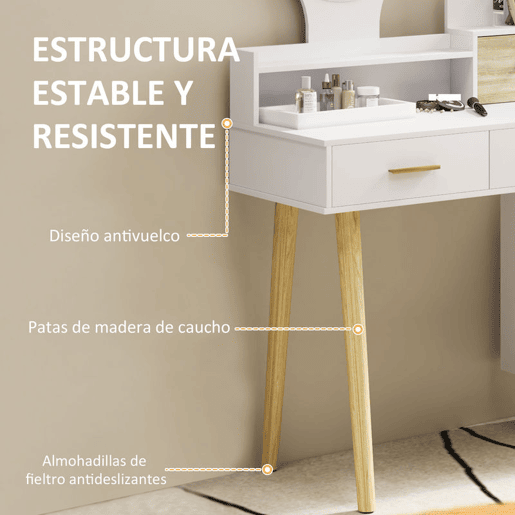 HOMCOM Toucador com Espelho e Luzes LED Ajustáveis Mesa de Maquilhagem Moderna com 5 Gavetas 4 Compartimentos e 1 Prateleira 100x44x137 cm Branco e Madeira