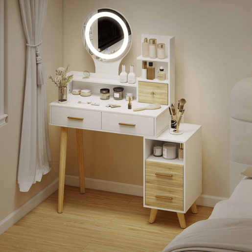HOMCOM Toucador com Espelho e Luzes LED Ajustáveis Mesa de Maquilhagem Moderna com 5 Gavetas 4 Compartimentos e 1 Prateleira 100x44x137 cm Branco e Madeira