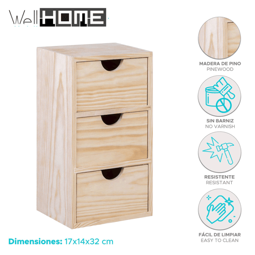 WELL HOME - Minibloco 3 gavetas em madeira de pinho WELL HOME - Minibloco 3 gavetas em madeira de pinho