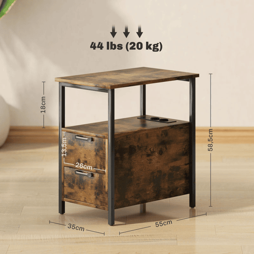 HOMCOM Mesa Auxiliar com Estação de Carga Entrada USB e Tomada Elétrica Mesa de Cabeceira com 2 Gavetas e Prateleira Aberta para Sala de Estar Dormitório 55x35x58,5 cm Marrom Rústico