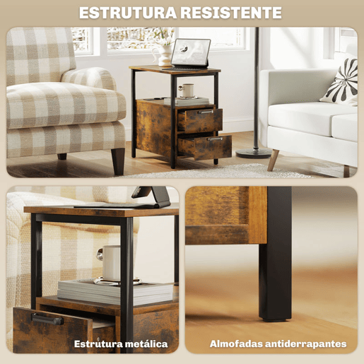 HOMCOM Mesa Auxiliar com Estação de Carga Entrada USB e Tomada Elétrica Mesa de Cabeceira com 2 Gavetas e Prateleira Aberta para Sala de Estar Dormitório 55x35x58,5 cm Marrom Rústico