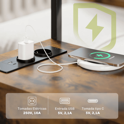 HOMCOM Mesa Auxiliar com Estação de Carga Entrada USB e Tomada Elétrica Mesa de Cabeceira com 2 Gavetas e Prateleira Aberta para Sala de Estar Dormitório 55x35x58,5 cm Marrom Rústico