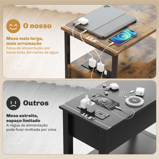 HOMCOM Mesa Auxiliar com Estação de Carga Entrada USB e Tomada Elétrica Mesa de Cabeceira com 2 Gavetas e Prateleira Aberta para Sala de Estar Dormitório 55x35x58,5 cm Marrom Rústico