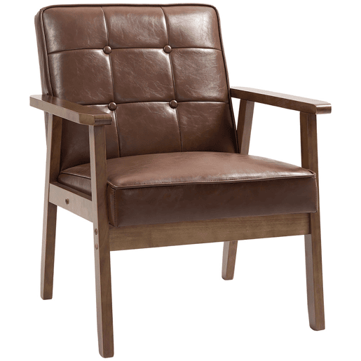 HOMCOM Poltrona Sala de Estar Estofada em PU Poltrona Sala de Estar com Apoio para os Braços e Estrutura de Madeira de Borracha Poltrona para Dormitório Sala de Estar Carga 120 kg 64x66x80 cm Marrom