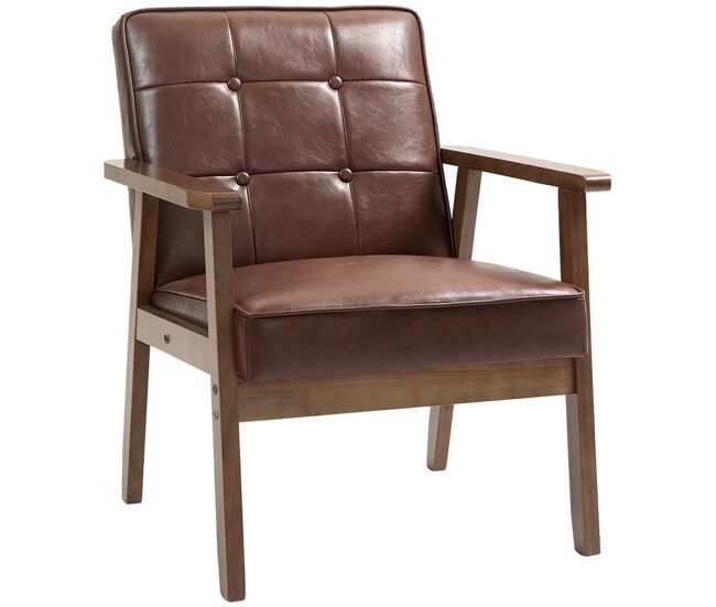 Homcom sillón individual butaca de salón tapizada en pu con reposabrazos de madera respaldo acolchado carga 120 kg sillón para salón dormitorio marrón