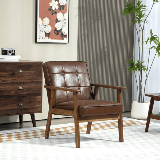 HOMCOM Poltrona Sala de Estar Estofada em PU Poltrona Sala de Estar com Apoio para os Braços e Estrutura de Madeira de Borracha Poltrona para Dormitório Sala de Estar Carga 120 kg 64x66x80 cm Marrom