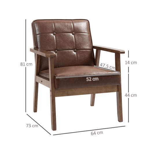 HOMCOM Poltrona Sala de Estar Estofada em PU Poltrona Sala de Estar com Apoio para os Braços e Estrutura de Madeira de Borracha Poltrona para Dormitório Sala de Estar Carga 120 kg 64x66x80 cm Marrom